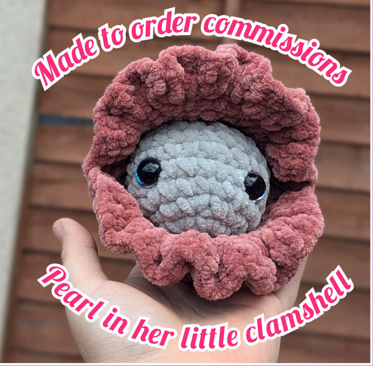 Pearl and her clam crochet plushie